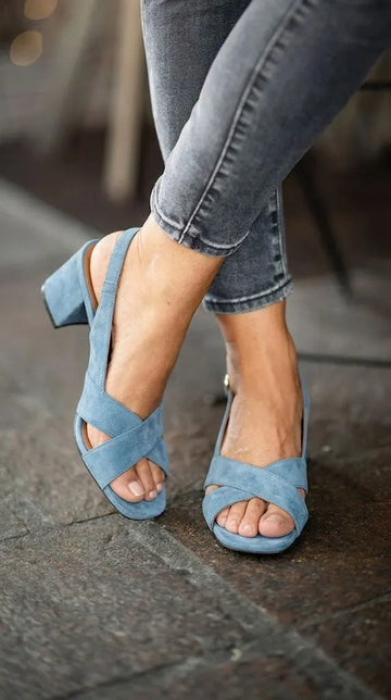Suede Criss Cross Slingback Dusty Blue Chunky Heels