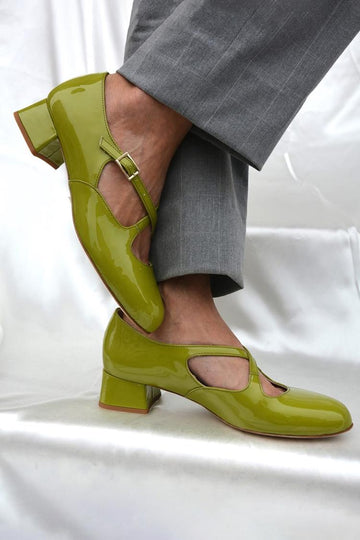 Cross Strap Buckle Solid Color Round Toe Green Low Heels
