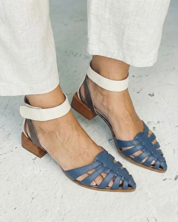 Blue Leather Ankle Strap Wooden Block Heel Sandals