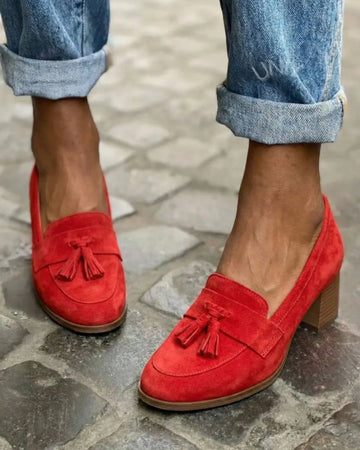 Vintage Red Faux Suede Tassel Block Heel Loafers