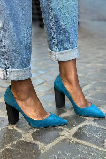 Solid Color Pointed Toe Elegant Blue Chunky Heels