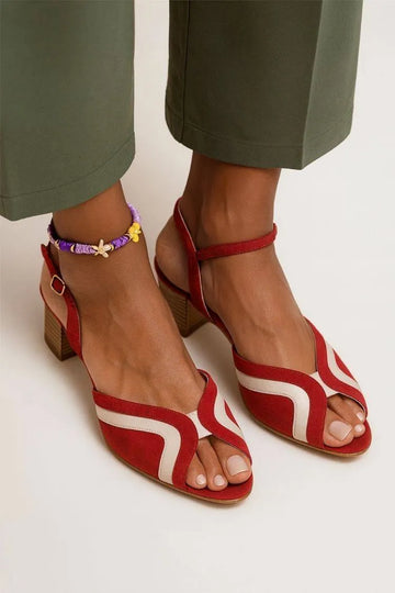 Colorblock Wave Trim Peep-Toe Ankle-Strap Block Heels