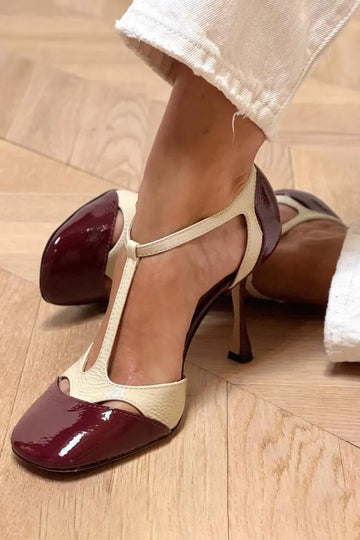 Tow Tone T-Strap Cut Out Buckle Burgundy Stiletto Heels