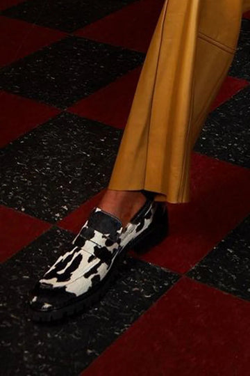 Cow Pattern Print Patchwork Round Toe White Loafers
