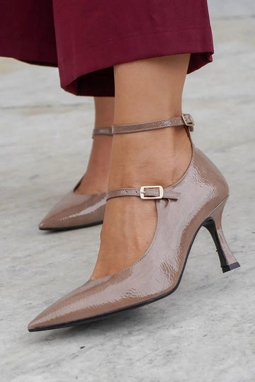 Two Straps Buckles Pointed Toe Brown Stiletto Heels