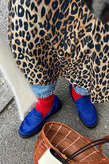 Solid Color Patchwork Round Toe Blue Loafers