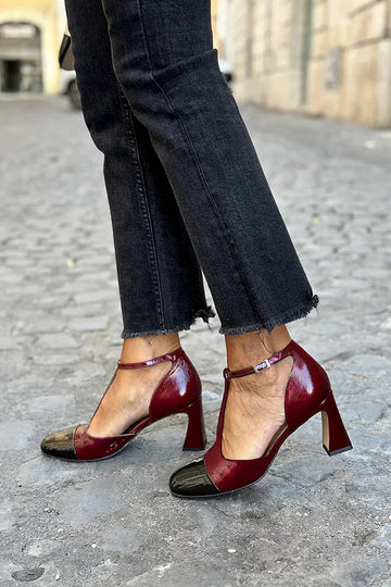 T-Strap Buckle Colorblock Burgundy Chunky Heels