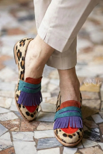 Retro Leopard Print Color Block Fringe Penny Loafers
