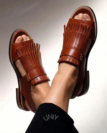 Chic Round Toe PU Leather Fringe Platform Slingback Sandals