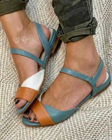 Chic Color Block Open Toe Ankle Strap Flat Versatile Sandals
