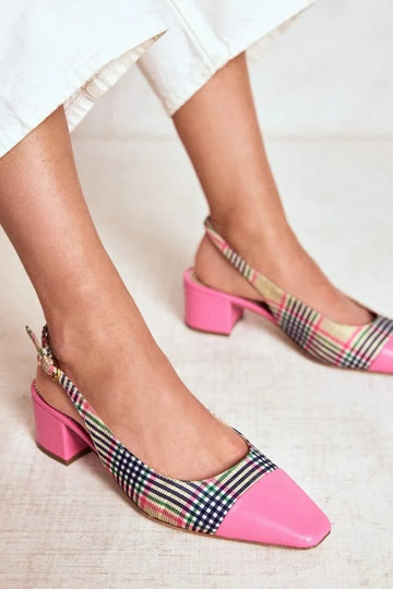 Plaid Fabric Pink Cap Toe Slingback Block Heel Pumps