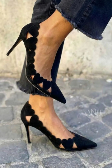 Vintage Black Suede Scalloped Heart Pointed Toe High Heels