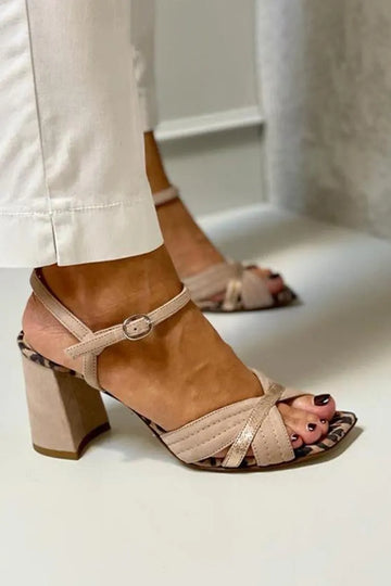 Patchwork Square Toe Cutout Khaki Chunky Heels