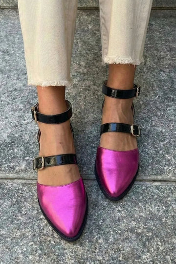 Metallic Fuchsia Black Contrast Double Strap Pointed Toe Flats