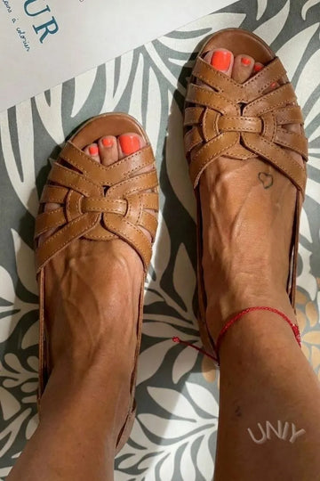 Vintage Brown Woven Cutout Peep Toe Flat Fisherman Sandals