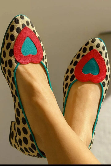 Polka-Dot Printed Heart Appliqué Almond-Toe Block Pumps