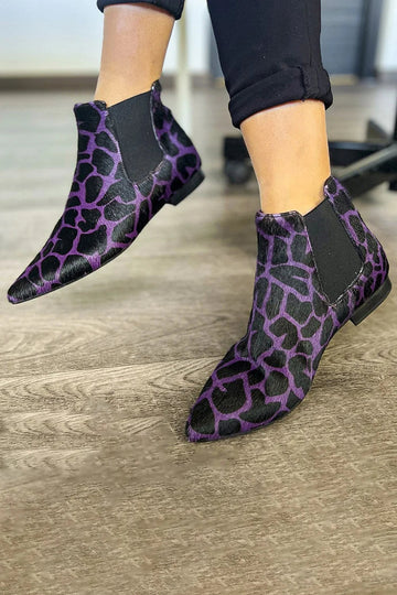 Animal Print Pointed Toe Patchwork Purple Ankle Boots