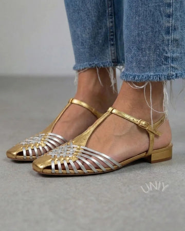 Colorblock Metallic Woven T-Strap Ankle Strap Flat Sandals