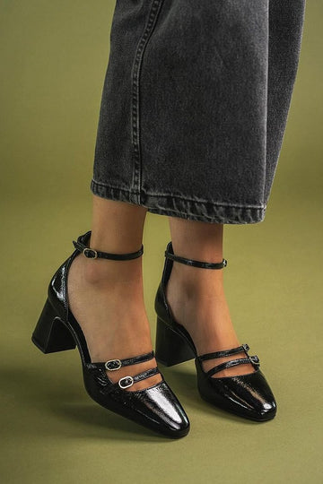 Multi Straps Buckles Solid Color Black Chunky Heels
