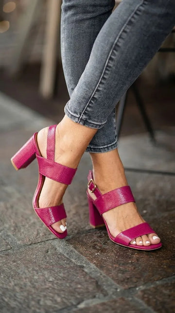 Magenta Snakeskin Open Toe Slingback Pink Block Heels