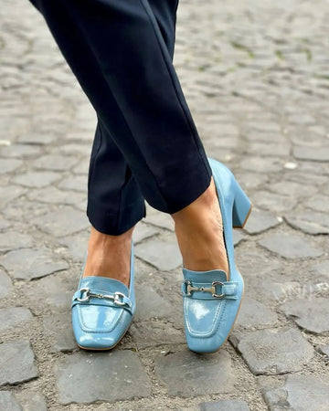 Blue PU Leather Horsebit Square Toe Block Heels