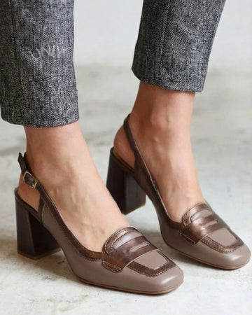 Retro Brown Square Toe Loafer Slingback Block Heels