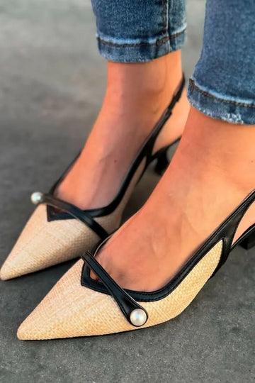 Colorblock Pearl Pointed Toe Open-Back Elegant Mid Heels