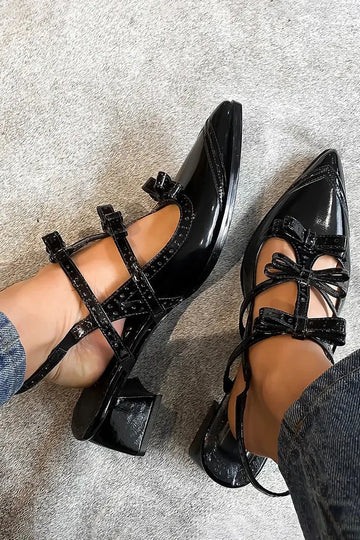 Bow Decor Pointed Toe Slingback Black Chunky Heels