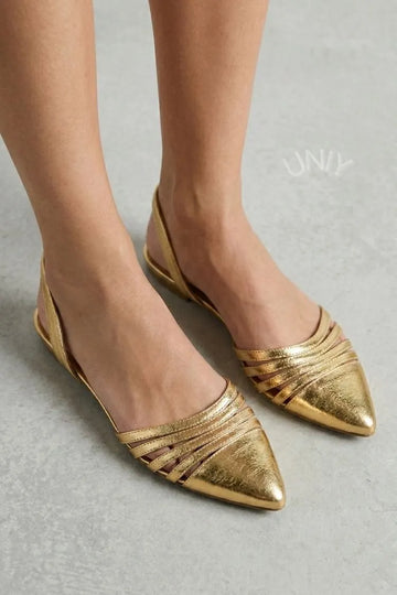 Metallic Gold Pointed Toe Multi Strap Slingback Flats