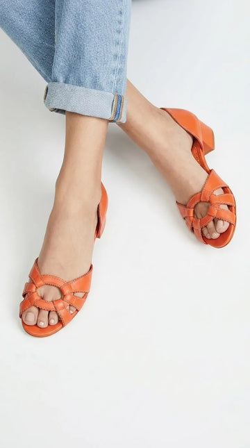 Woven Leather Open Toe D'Orsay Orange Block Heels