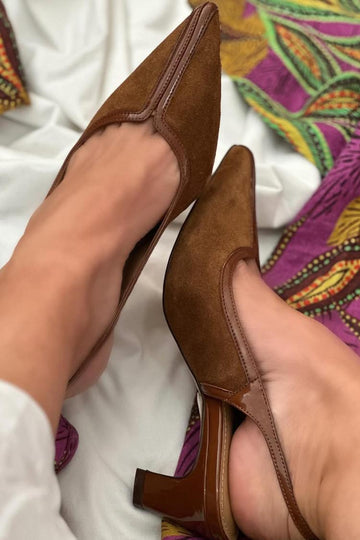 Pointed Toe Patchwork Slingback Brown Chunky Heels