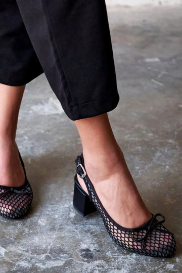 Solid Color Mesh Round Toe Bow Detail Block Heels