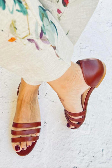 Solid Color Multi Straps Round Toe Brown Sandals