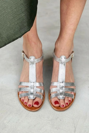 Stylish Metallic Silver T-Strap Flat Casual Sandals