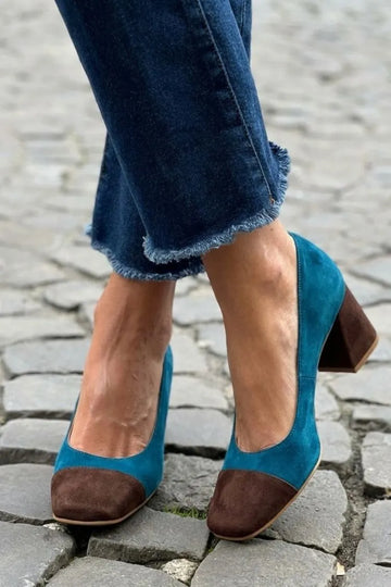 Vintage Two-Tone Suede Square Toe Block Heel Pumps