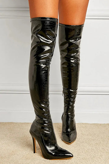 Zipper Pointed Toe Stiletto Heel Solid Color Over The Knee Boots