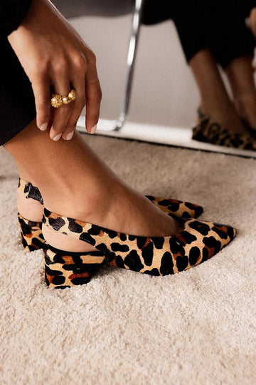 Refined Pointed Toe Slingback Leopard Print Beige Chunky Heels