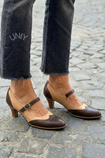 Vintage Two Tone Brogue Block Heel Mary Jane Pumps