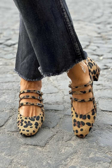 Leopard Print Triple Strap Square Toe Pumps