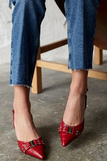 Burgundy Pointed Toe Buckle Crocodile Pattern Mid Heels