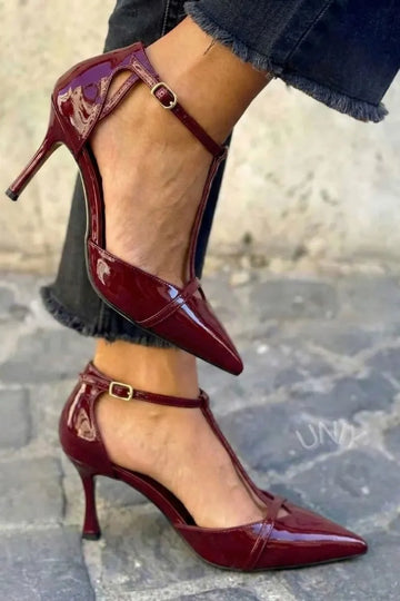 Elegant Burgundy Pointed Toe Cutout Ankle Strap High Heels