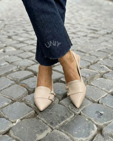 Chic Nude Pointed Toe Double Strap Slingback Kitten Heels