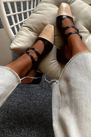 Colorblock Square Toe Slingback Black Chunky Heels