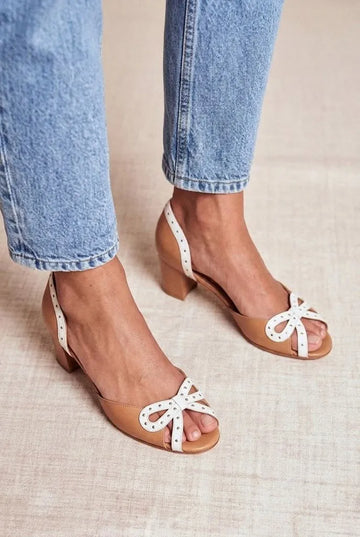 White Bow Peep Toe Slingback Tan Chunky Heels