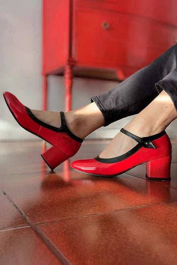 Instep Strap Buckle Contrast Trim Red Chunky Heels