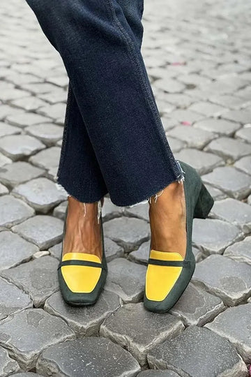 Colorblock Suede Pointy Block Heel Pumps