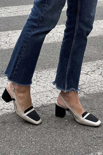 Colorblock Slingback Square Toe Greige Chunky Heels