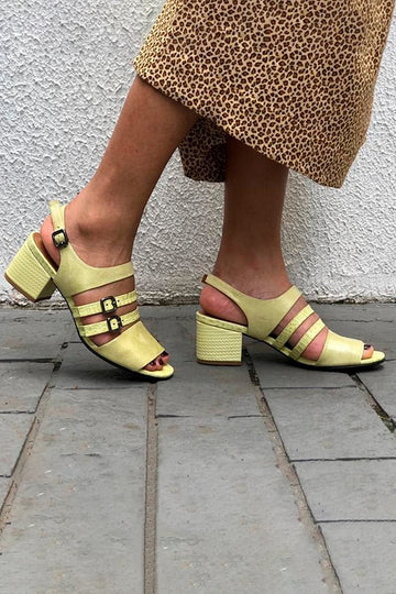 Tailored Instep Straps Buckles Open Toe Yellow Chunky Heels
