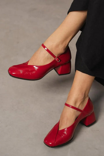 Instep Strap Buckle Patchwork Square Toe Red Chunky Heels