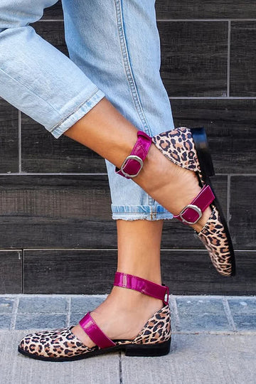 Leopard Print Pointed Toe Colorblock Strap Buckle Khaki Flats
